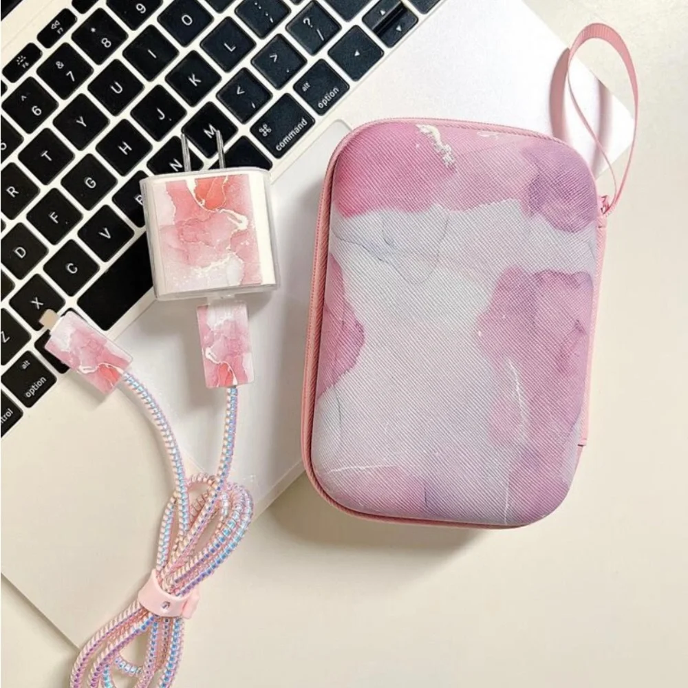 6pcs Marble Pattern Storage Bag & Charger Head Cover & Data Cable Protector